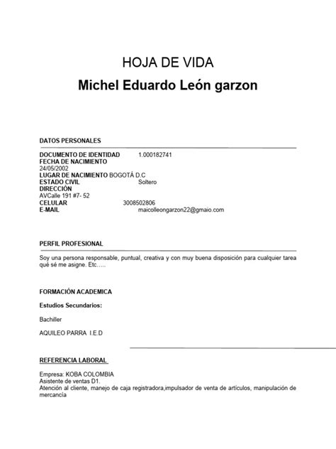 Hoja De Vida Sin Experiencia Laboral Pdf