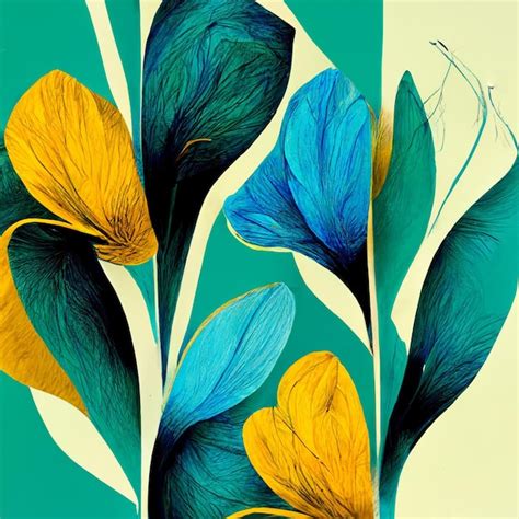 Premium Photo Teal And Yellow Abstract Flower Illustration For Prints Wall Art Cover And