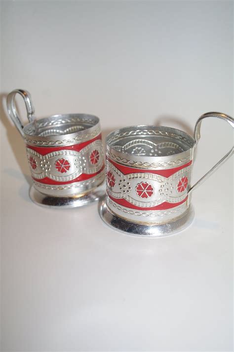 Set Of Russian Tea Glass Holders Red Colored Aluminum Russian Soviet