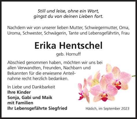 Erika Hentschel Traueranzeige Sächsische Zeitung