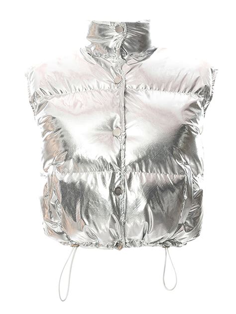 Women S Winter Puffer Vest Metallic Stand Collar Quilted Waistcoat