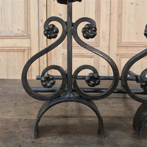 Pair 19th Century Wrought Iron And Brass Andirons