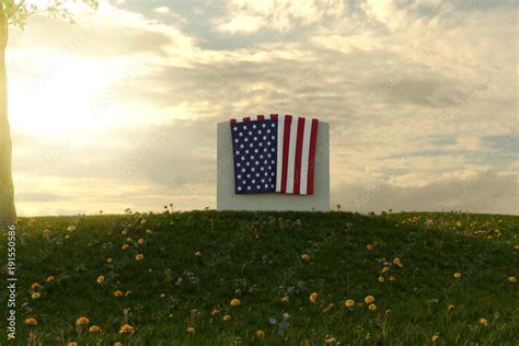 3d Rendering Of American Flag Laying On Grave At The Peaceful Flower Meadow To Remember The