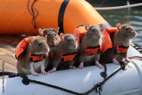 Rats With Life Jackets In A Lifeboat Are Running From A Sinking Ship