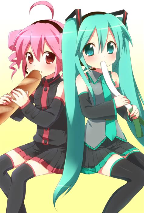 Safebooru Ahoge Aqua Eyes Aqua Hair Baguette Black Legwear Bread