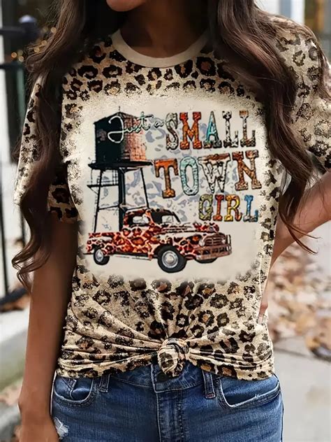 Womens Leopard Print Crew Neck T Shirt Casual Short Sleeve Temu