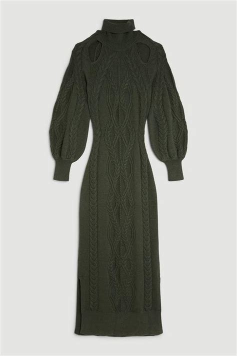 Dresses Viscose Blend Cable Knit Cut Out Funnel Neck Maxi Dress