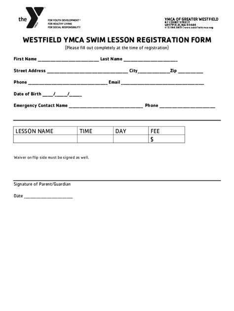 Fillable Online WESTFIELD YMCA SWIM LESSON REGISTRATION FORM Fax Email