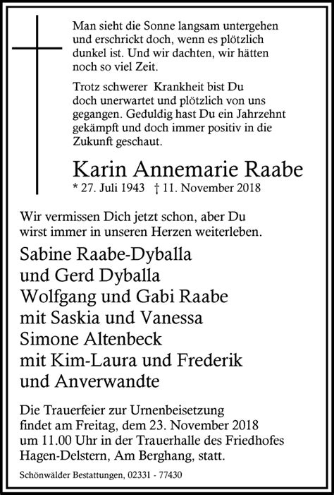 Traueranzeigen Von Karin Annemarie Raabe Trauer In NRW De