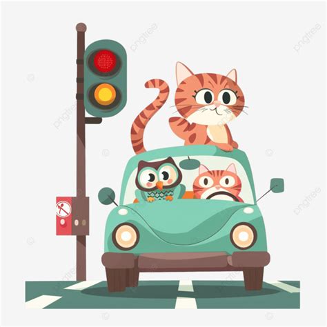 Vector Cartoon Of Funny Cat Driving Car With Owl On Stoplight, Card ...