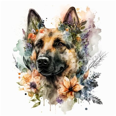 Una Pintura De Un Perro Con Flores Retrato De Un Perro En Acuarela