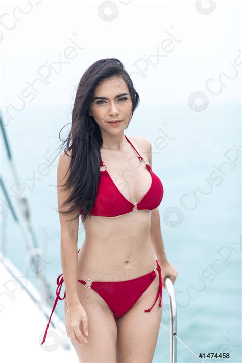 Sexy Women In Red Bikini On Yacht Boat Stock Photo Crushpixel