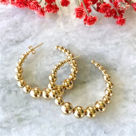 Gold Beaded Hoop Earrings Gold Ball Hoop Earrings Gold Filled Hoop Earrings Large Bead Hoop