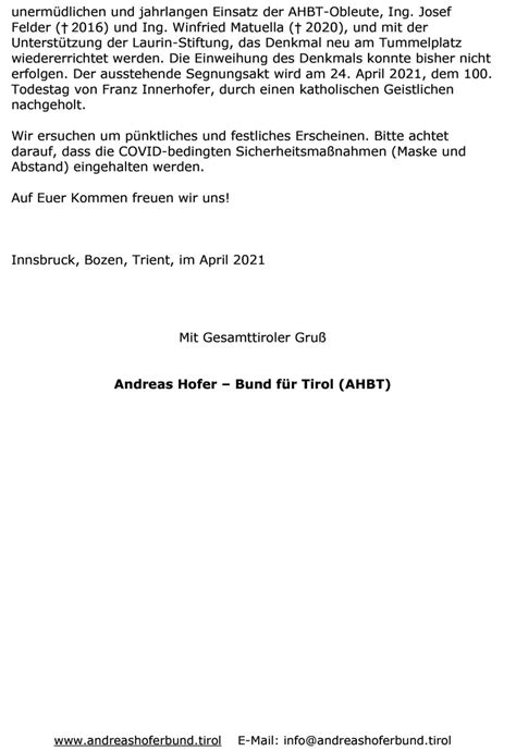 Einladung Zum 100 Todestag Von Franz Innerhofer Andreas Hofer Bund Tirol