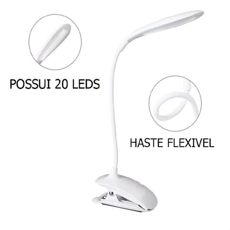 Luminária LED USB Mesa Garra Presilha Leitura Estante Quarto Lumen