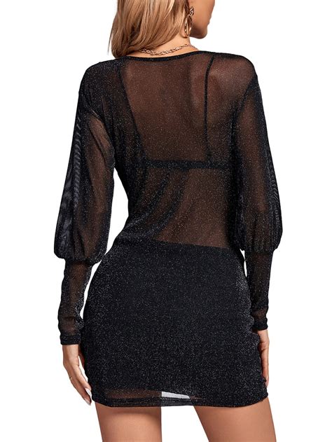 Rooscier Women S Sheer Mesh Glitter Wrap V Neck Long Sleeve Ruched