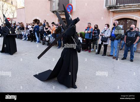 Torredembarra Spain 15th Apr 2022 A Hooded Penitent Carries A Cross