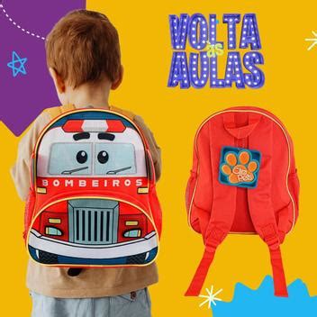 Mochila Infantil Alças Costa Carros Bombeiro Fusca Polícia Menino