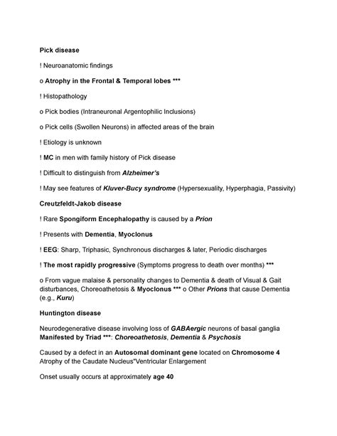 Psych 1500 Notes P15 Pick Disease Neuroanatomic Findings O Atrophy