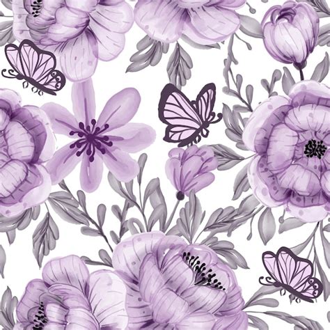 Free Vector Watercolor Flower And Butterfly Purple Seamless Pattern