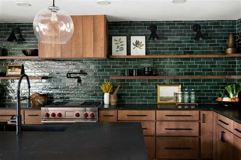 Kitchen Renovation With Green Glazed Ceramic Tile Full Wall Backsplash