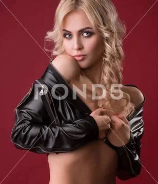 Naked Woman In Leather Jacket On Red Template Sexy Naked Model With