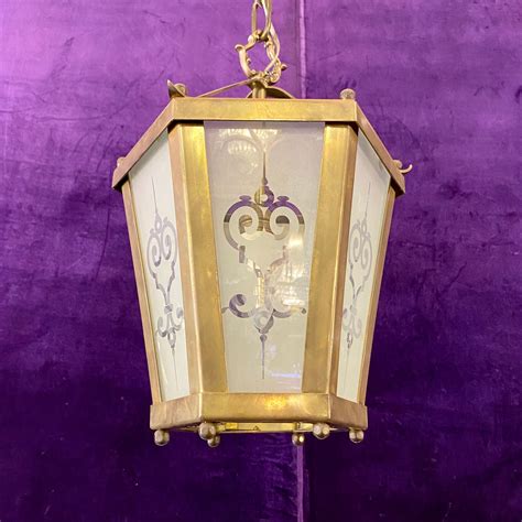 Aged Brass Lantern With Frosted Etched Glass Delos Antiques