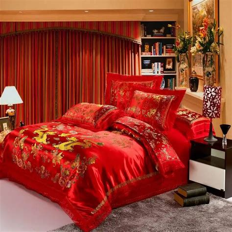 New Red Satin Dragon And Phoenix Chinese Wedding Bedding Set Print