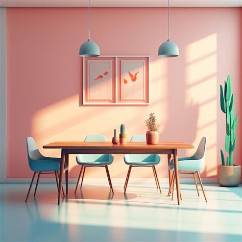 Premium Ai Image Interior Of Modern Dining Room With Pink Walls Concrete Floor Long Table And