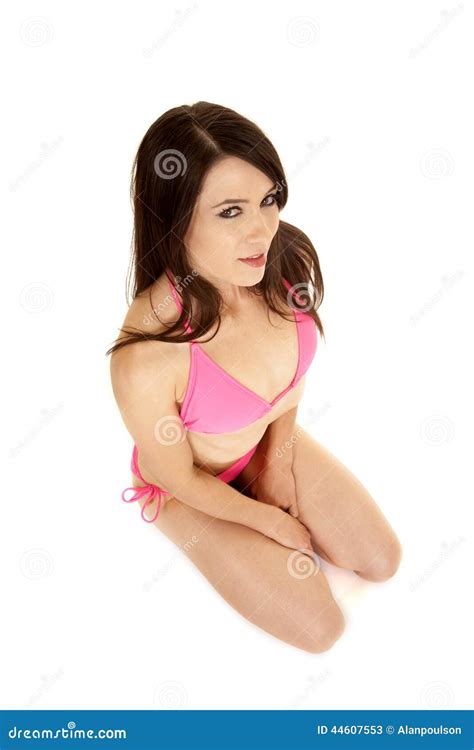 Brunette Woman Pink Bikini Kneel Look Up Stock Image Image Of Fashion