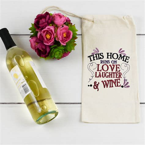 Embroidered Canvas Drawstring Wine Tote Housewarming Wine Bag T Mothers Day Wine Sack