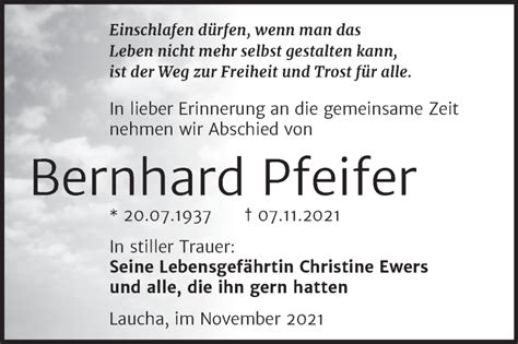 Traueranzeigen Von Bernhard Pfeifer Abschied Nehmen De