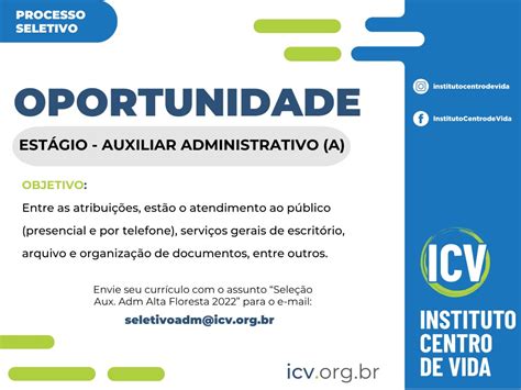 ICV contrata estagiário de auxiliar administrativo a para escritório