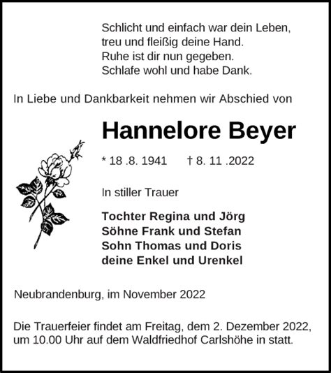 Traueranzeigen Von Hannelore Beyer Trauer Nordkurier