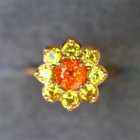 Neon Orange Fanta Garnet Yellow Sapphire Daisy Ring Orange Spessartite