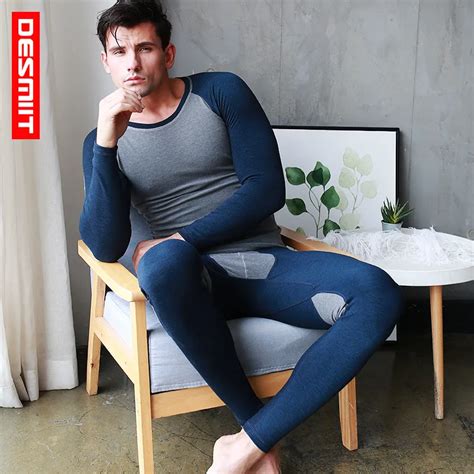 DESMIIT Fleece Thermal Underwear Men Long Johns Set Sexy Patchwork