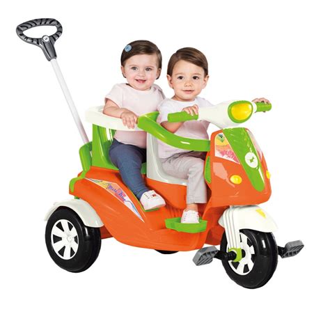 Motoca Infantil De Passeio Triciclo Em Moto Duo Laranja E Verde