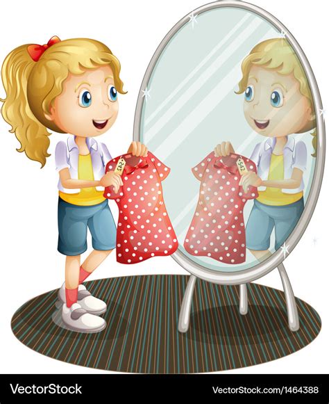 A Girl Holding Red Dress In Front Of The Mirror Vector Image