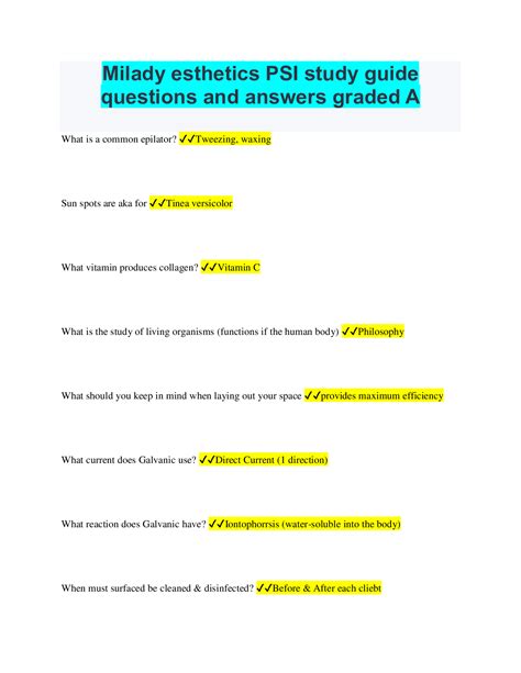 Milady Esthetics Psi Study Guide Questions And Answers Graded A