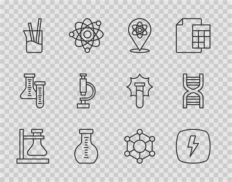 Set Line Test Tube Flask On Stand Lightning Bolt Atom Laboratory