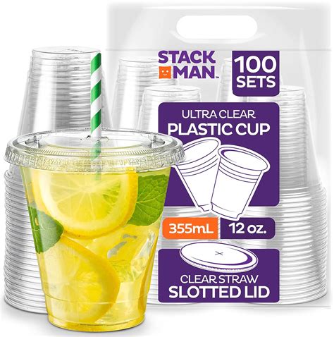 Buy 100 Sets 12 Oz Clear Plastic Cups With Straw Slot Lid PET