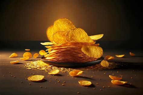 Premium Ai Image Thin Golden Crispy Fried Potato Chips On Table