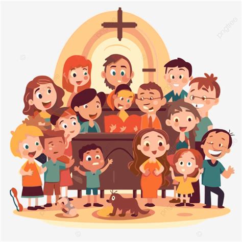 Ibadah Clipart Kartun Vektor Ilustrasi Orang Berdiri Di Dalam Gereja