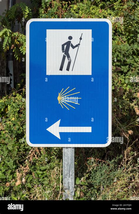 Camino De Santiago Road Sign With Shell Symbol Puente La Reina Gares