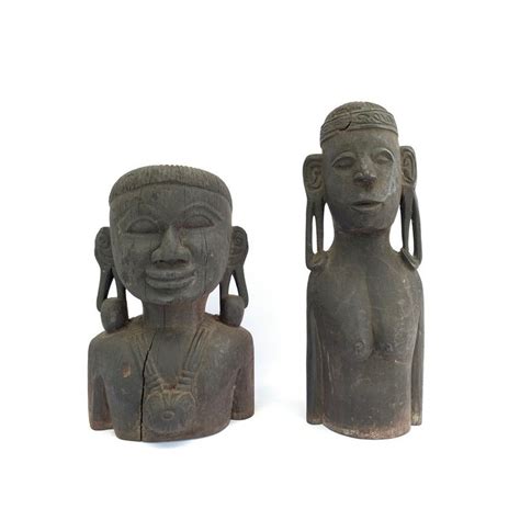 HALF BODY STATUE 235mm And 300mm ONE PAIR Couple Antique Borneo Naked