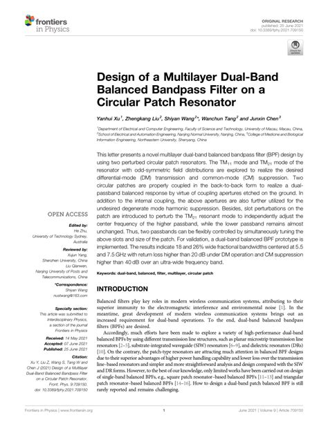 Pdf Design Of A Multilayer Dual Band Balanced Bandpass Filter On A