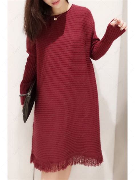 [28 Off] 2021 Tassels Jewel Neck Long Sleeve Sweater Dress In Wine Red