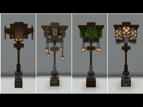 four different views of a lamp made out of wood and metal with lights on it