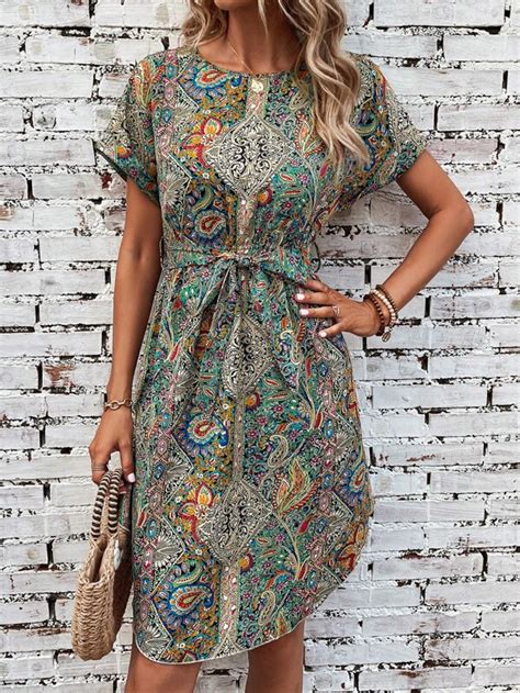 Shein Lune Paisley Print Batwing Sleeve Belted Dress Shein Usa