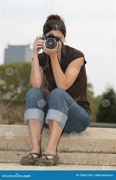 Brunette Woman Photographer Stock Photo Image Of Female Camera 15661236
